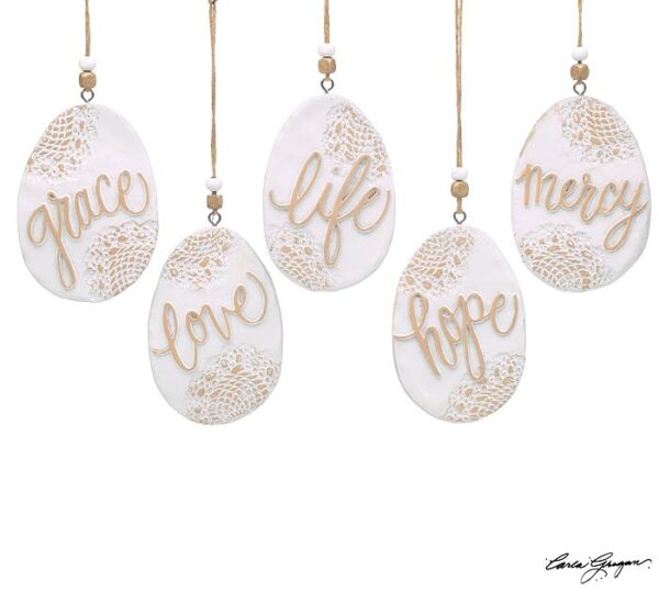 EGG SHAPE LACE PRINT MESSAGE ORNAMENTS