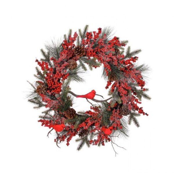 24" SNOWY BERRY WREATH W/CARDINALS